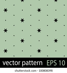 Stars and dots pattern on green backdrop. Seamless vector background.
