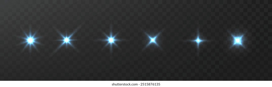 Stars effect. Glowing blue light bursts with sparkles. Glow light effect set, lens flare, explosion, glitter, line, sun flash, spark and star.