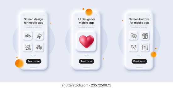 Stars, Electricity bulb and Info line icons pack. 3d phone mockups with heart. Glass smartphone screen. Discount offer, Bicycle, Cogwheel web icon. Augmented reality, Alarm pictogram. Vector