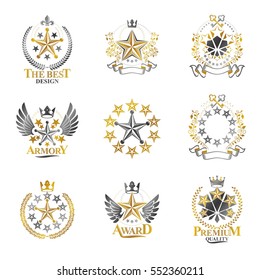 Stars emblems set. Heraldic Coat of Arms decorative logos isolated vector illustrations collection.