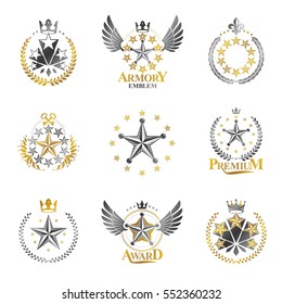 Estrellas con emblemas. Logotipos decorativos del escudo de armas heráldico colección de ilustraciones vectoriales aisladas.