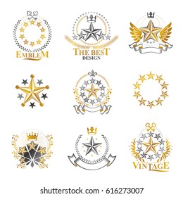 Stars emblems set. Heraldic Coat of Arms decorative logos isolated vector illustrations collection.