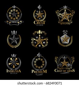 Stars emblems set. Heraldic Coat of Arms decorative logos isolated vector illustrations collection.