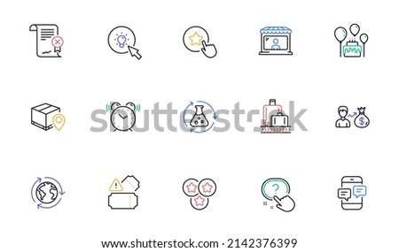 Stars, Energy and Sallary line icons for website, printing. Collection of Loyalty star, Alarm clock, Tickets icons. Reject certificate, Question button, Parcel tracking web elements. Vector