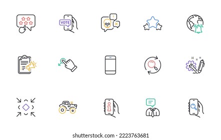 Stars, Engineering and Ranking star line icons for website, printing. Collection of Search app, Internet notification, Search icons. Smartphone, Online voting, Tractor web elements. Vector