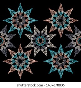 Stars. Ethnic boho seamless pattern. Lace. Embroidery on fabric. Patchwork texture. Weaving. Traditional ornament. Tribal pattern. Folk motif. Can be used for wallpaper, textile, wrapping, web.
