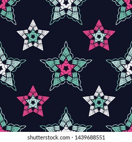 Stars. Ethnic boho seamless pattern. Lace. Embroidery on fabric. Patchwork texture. Weaving. Traditional ornament. Tribal pattern. Folk motif. Can be used for wallpaper, textile, wrapping, web.