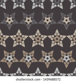 Stars. Ethnic boho seamless pattern. Lace. Embroidery on fabric. Patchwork texture. Weaving. Traditional ornament. Tribal pattern. Folk motif. Can be used for wallpaper, textile, wrapping, web.