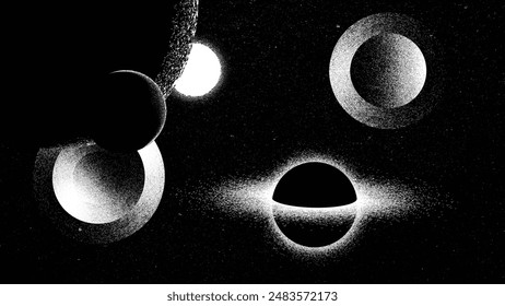 Stars and exoplanet in outer space with black hole and artificial loop. Futuristic landscape, with noise texture . Night landscape with starry sky .Vector illustration