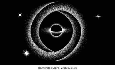 Stars and exoplanet in outer space with black hole and artificial loop. Futuristic landscape, with noise texture . Night landscape with starry sky .Vector illustration