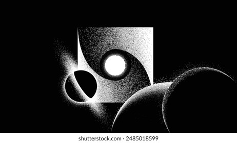 Stars and exoplanet in outer space with black hole and artificial loop. Futuristic landscape, with noise texture . Night landscape with starry sky .Vector illustration