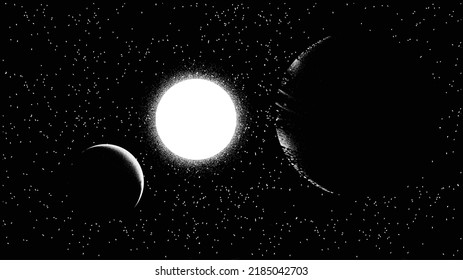 Stars and exoplanet in outer space. Futuristic landscape, with noise texture . Night landscape with starry sky .Vector illustration