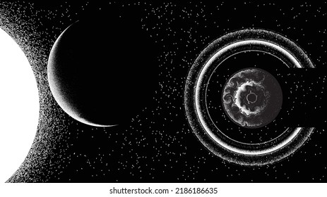 Stars and exoplanet in outer space. Futuristic landscape, with noise texture . Night landscape with starry sky .Vector illustration