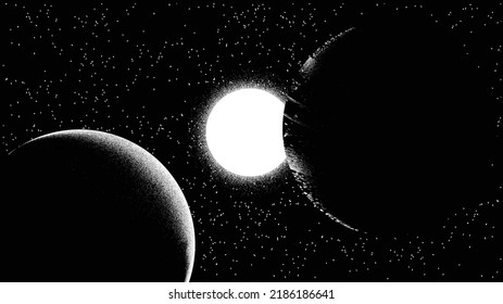 Stars and exoplanet in outer space. Futuristic landscape, with noise texture . Night landscape with starry sky .Vector illustration