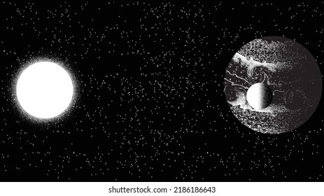 Stars and exoplanet in outer space. Futuristic landscape, with noise texture . Night landscape with starry sky .Vector illustration