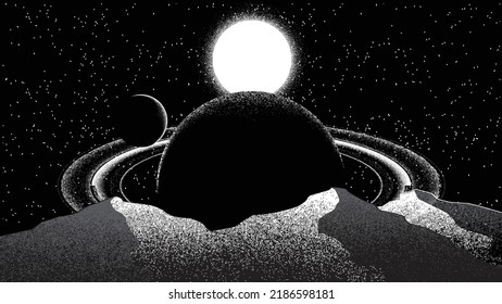 Stars and exoplanet in outer space. Futuristic landscape, with noise texture . Night landscape with starry sky .Vector illustration