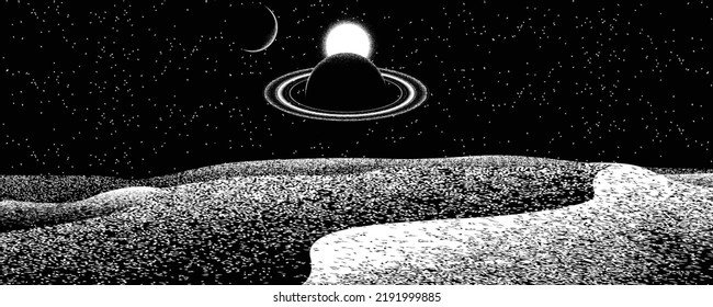 Stars and exoplanet in outer space. Futuristic landscape, with noise texture . Night landscape with starry sky .Vector illustration