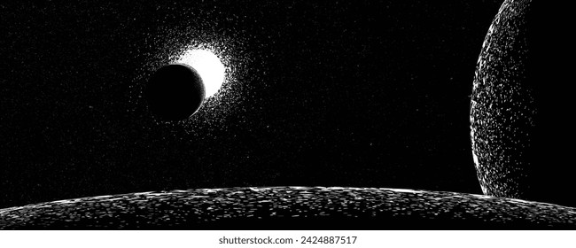 Stars and exoplanet in outer space. Futuristic landscape, with noise texture . Night landscape with starry sky .Vector illustration