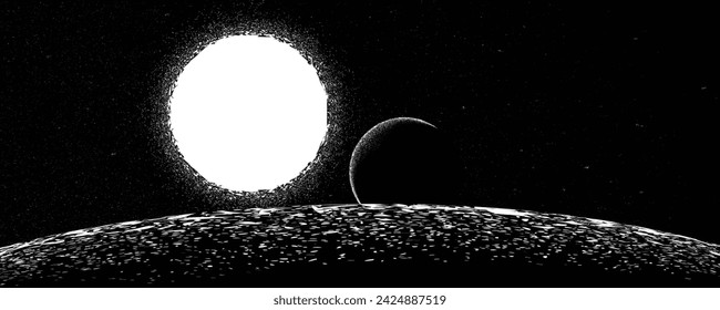 Stars and exoplanet in outer space. Futuristic landscape, with noise texture . Night landscape with starry sky .Vector illustration