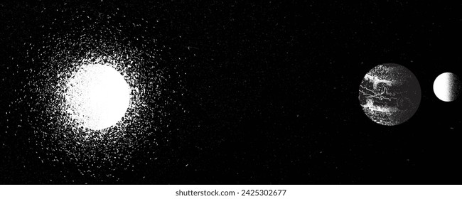 Stars and exoplanet in outer space. Futuristic landscape, with noise texture . Night landscape with starry sky .Vector illustration