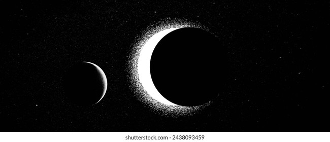 Stars and exoplanet in outer space. Futuristic landscape, with noise texture . Night landscape with starry sky .Vector illustration