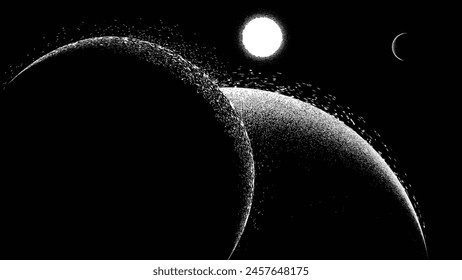 Stars and exoplanet in outer space. Futuristic landscape, with noise texture . Night landscape with starry sky .Vector illustration