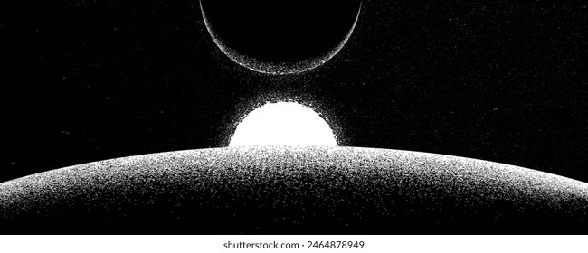 Stars and exoplanet in outer space. Futuristic landscape, with noise texture . Night landscape with starry sky .Vector illustration