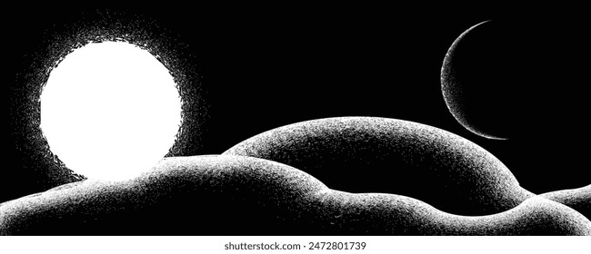 Stars and exoplanet in outer space. Futuristic landscape, with noise texture . Night landscape with starry sky .Vector illustration
