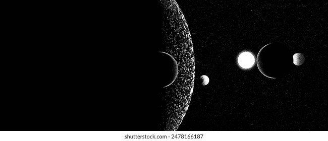 Stars and exoplanet in outer space. Futuristic landscape, with noise texture . Night landscape with starry sky .Vector illustration