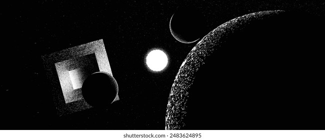 Stars and exoplanet in outer space. Futuristic landscape, with noise texture . Night landscape with starry sky .Vector illustration