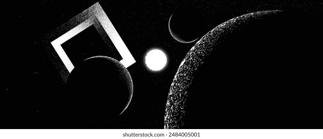 Stars and exoplanet in outer space. Futuristic landscape, with noise texture . Night landscape with starry sky .Vector illustration