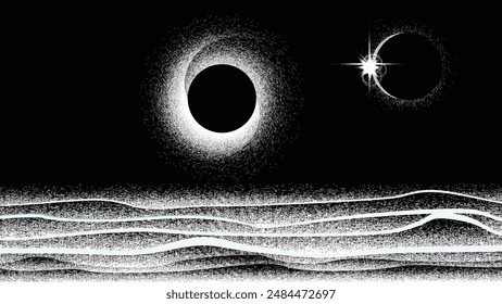 Stars and exoplanet in outer space. Futuristic landscape, with noise texture . Night landscape with starry sky .Vector illustration
