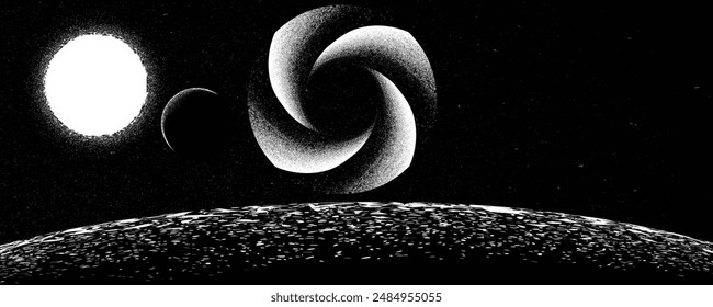 Stars and exoplanet in outer space. Futuristic landscape, with noise texture . Night landscape with starry sky .Vector illustration