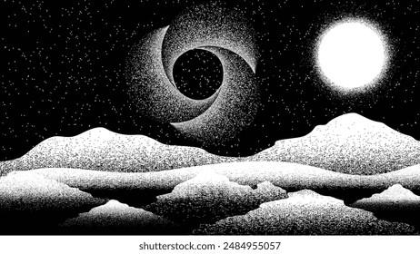 Stars and exoplanet in outer space. Futuristic landscape, with noise texture . Night landscape with starry sky .Vector illustration