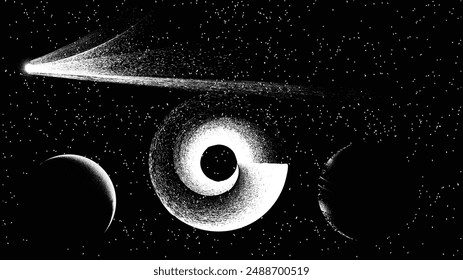 Stars and exoplanet in outer space. Futuristic landscape, with noise texture . Night landscape with starry sky .Vector illustration