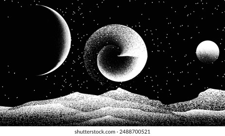 Sterne und Exoplaneten im Weltraum. Futuristische Landschaft mit Geräuschstruktur. Nachtlandschaft mit Sternenhimmel .Vektorillustration