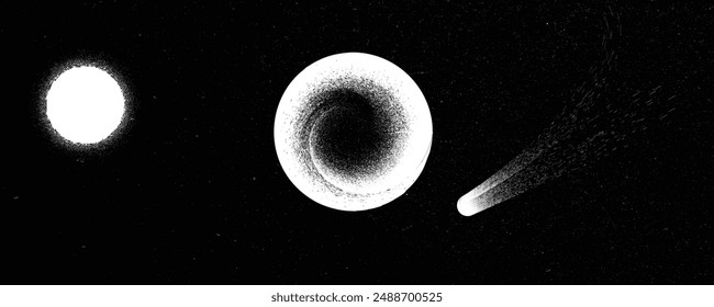 Stars and exoplanet in outer space. Futuristic landscape, with noise texture . Night landscape with starry sky .Vector illustration