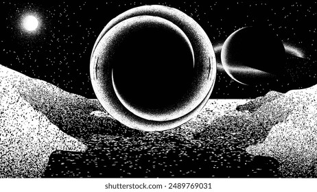 Stars and exoplanet in outer space. Futuristic landscape, with noise texture . Night landscape with starry sky .Vector illustration