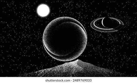 Stars and exoplanet in outer space. Futuristic landscape, with noise texture . Night landscape with starry sky .Vector illustration