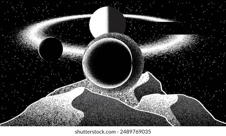 Stars and exoplanet in outer space. Futuristic landscape, with noise texture . Night landscape with starry sky .Vector illustration