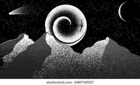 Stars and exoplanet in outer space. Futuristic landscape, with noise texture . Night landscape with starry sky .Vector illustration