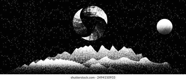 Stars and exoplanet in outer space. Futuristic landscape, with noise texture . Night landscape with starry sky .Vector illustration