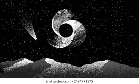 Stars and exoplanet in outer space. Futuristic landscape, with noise texture . Night landscape with starry sky .Vector illustration