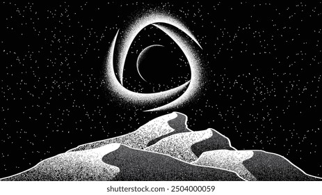 Stars and exoplanet in outer space. Futuristic landscape, with noise texture . Night landscape with starry sky .Vector illustration