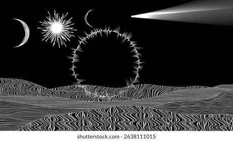 Stars and exoplanet in outer space. Futuristic landscape, with lines . Night landscape with starry sky .Vector illustration