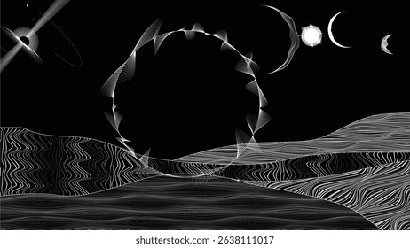 Stars and exoplanet in outer space. Futuristic landscape, with lines . Night landscape with starry sky .Vector illustration