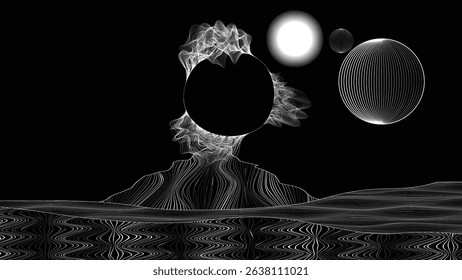 Stars and exoplanet in outer space. Futuristic landscape, with lines . Night landscape with starry sky .Vector illustration