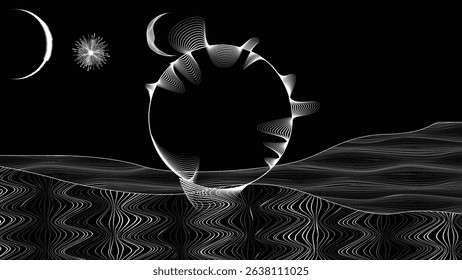 Stars and exoplanet in outer space. Futuristic landscape, with lines . Night landscape with starry sky .Vector illustration