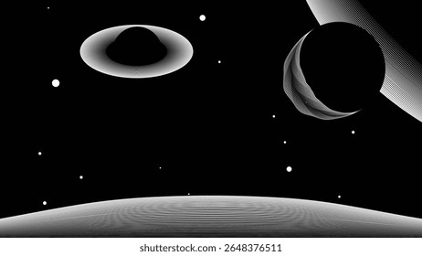 Stars and exoplanet in outer space. Futuristic landscape, with lines . Night landscape with starry sky .Vector illustration