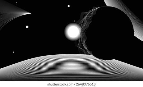Stars and exoplanet in outer space. Futuristic landscape, with lines . Night landscape with starry sky .Vector illustration